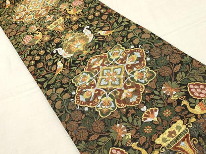 平和屋着物●六通柄袋帯　輪奈織　吉祥花鳥文　黒地　金銀糸　正絹　逸品　AAAZ4433wj