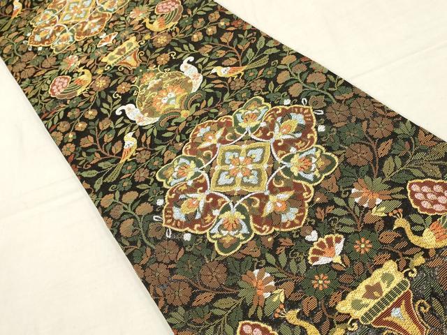 平和屋着物●六通柄袋帯　輪奈織　吉祥花鳥文　黒地　金銀糸　正絹　逸品　AAAZ4433wj
