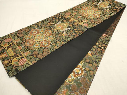 平和屋着物●六通柄袋帯　輪奈織　吉祥花鳥文　黒地　金銀糸　正絹　逸品　AAAZ4433wj