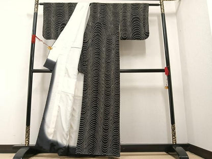 平和屋着物●上質な小紋　絞り　波　黒地　正絹　逸品　AAAZ4487ph