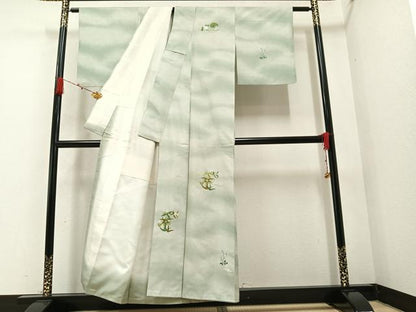 平和屋着物●訪問着 紬地 刺繍 草花文 正絹 逸品 AAAZ4546ph