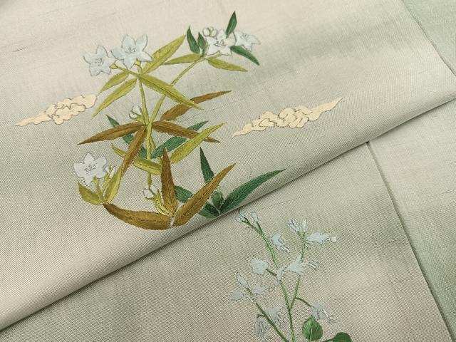 平和屋着物●訪問着 紬地 刺繍 草花文 正絹 逸品 AAAZ4546ph
