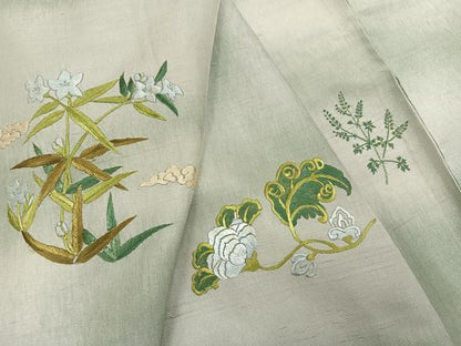 平和屋着物●訪問着 紬地 刺繍 草花文 正絹 逸品 AAAZ4546ph