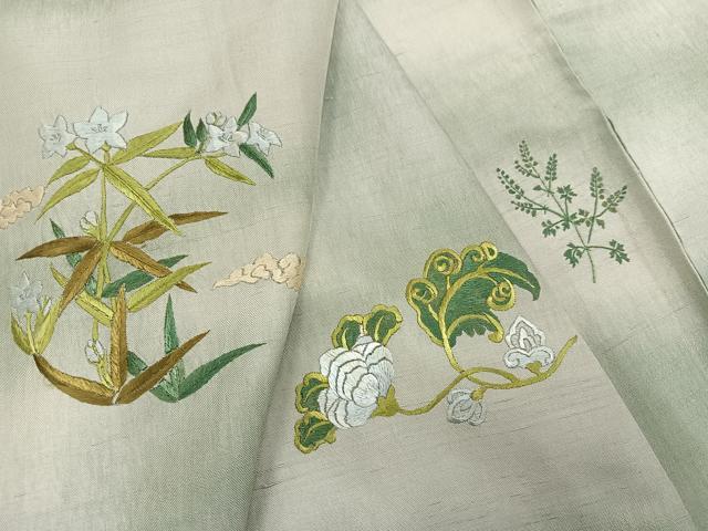 平和屋着物●訪問着 紬地 刺繍 草花文 正絹 逸品 AAAZ4546ph