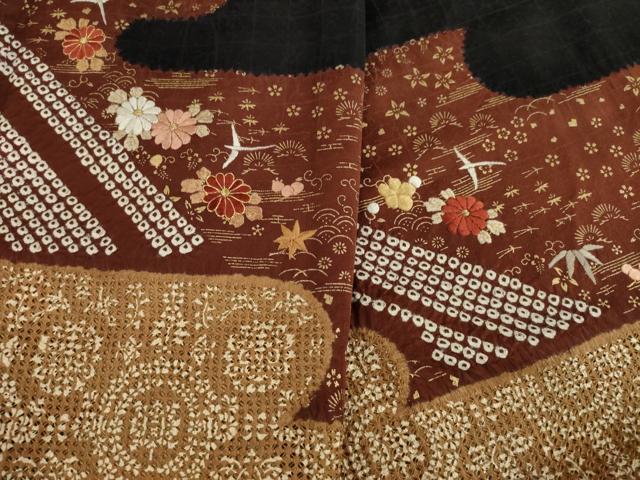 平和屋着物●訪問着 絞り 中国三大刺繍 汕頭刺繍 スワトウ刺繍 エ霞取り吉祥花文 黒地 金彩 正絹 逸品 AAAZ4820ck