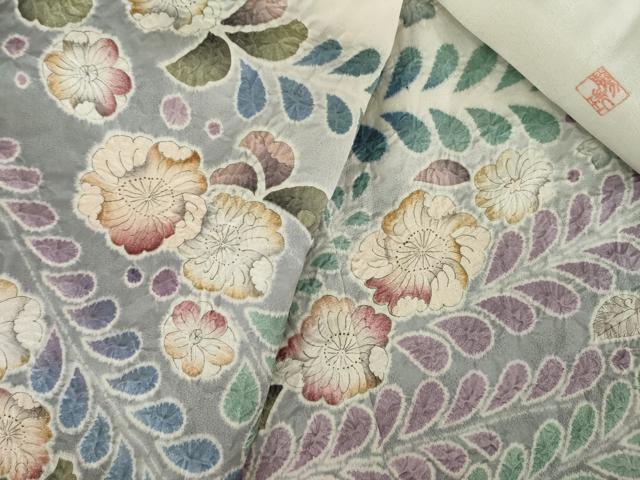 平和屋着物●訪問着　作家物　辻が花　絞り　舞花文　暈し染め　銀通し地　ロング丈　正絹　逸品　AAAZ4830ck