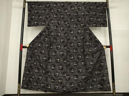 平和屋着物●久留米絣　単衣　有栖川文様　黒地　綿　逸品　AAAZ4853ck