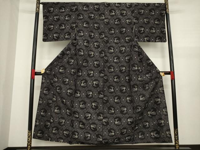 平和屋着物●久留米絣　単衣　有栖川文様　黒地　綿　逸品　AAAZ4853ck