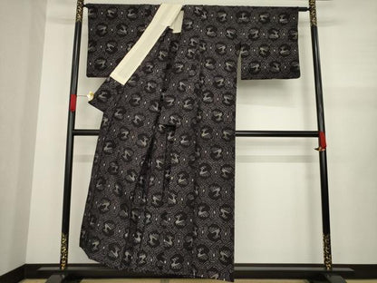 平和屋着物●久留米絣　単衣　有栖川文様　黒地　綿　逸品　AAAZ4853ck