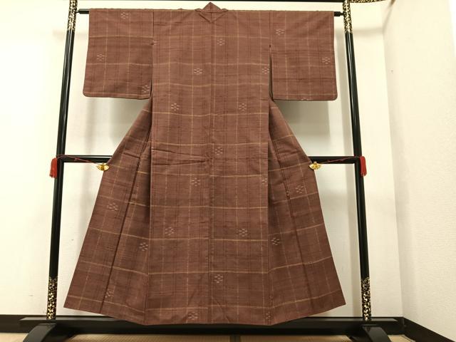 平和屋着物●上質な紬　格子　栗皮茶色　正絹　逸品　AAAZ4896ph