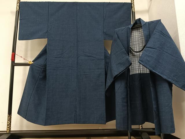 平和屋着物●男性 紬 アンサンブル 藍鉄色 正絹 逸品 AAAZ4914ph