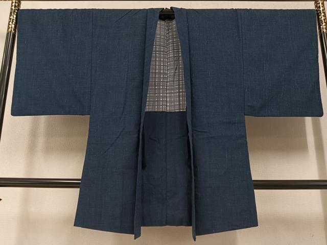 平和屋着物●男性 紬 アンサンブル 藍鉄色 正絹 逸品 AAAZ4914ph