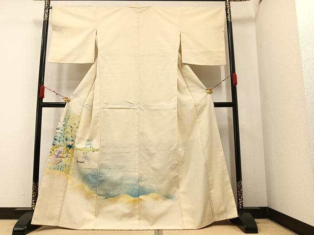 平和屋着物●訪問着 紬地 手描き 人物風景樹林文 正絹 逸品 AAAZ4931ph