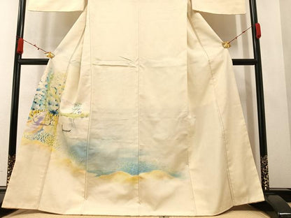 平和屋着物●訪問着 紬地 手描き 人物風景樹林文 正絹 逸品 AAAZ4931ph