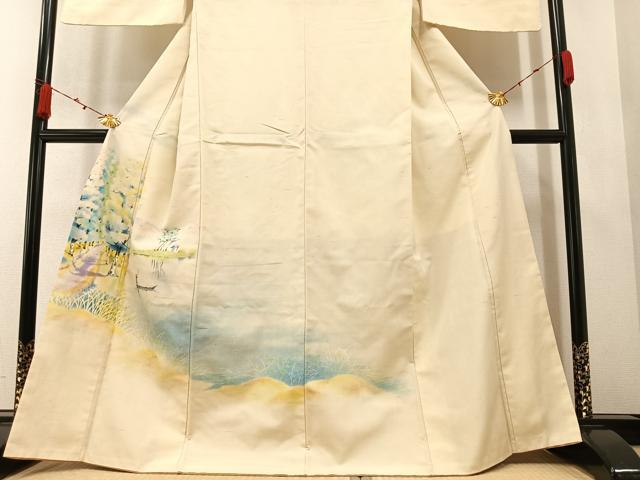 平和屋着物●訪問着 紬地 手描き 人物風景樹林文 正絹 逸品 AAAZ4931ph