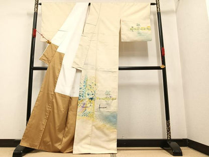 平和屋着物●訪問着 紬地 手描き 人物風景樹林文 正絹 逸品 AAAZ4931ph