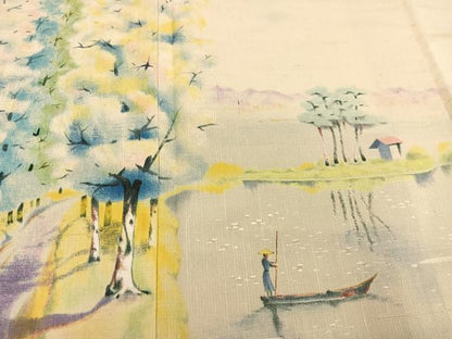 平和屋着物●訪問着 紬地 手描き 人物風景樹林文 正絹 逸品 AAAZ4931ph