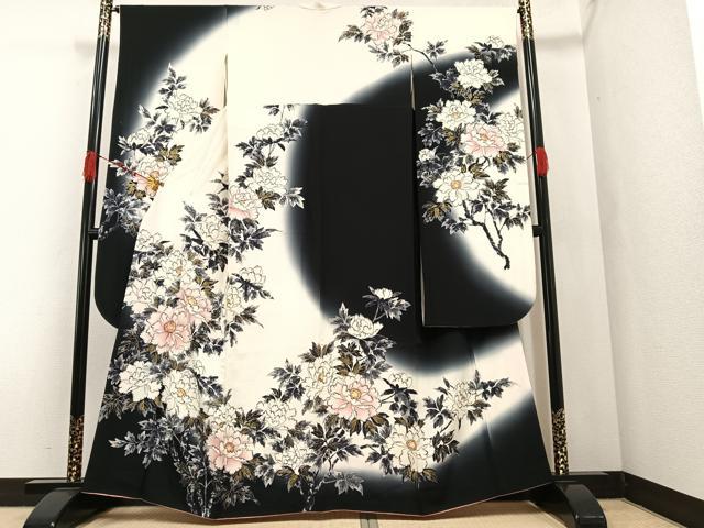平和屋着物●十日町老舗ブランド　吉澤友禅　吾妻徳穂　振袖　手描き　牡丹　暈し染め　金彩　正絹　逸品　AAAZ4956ph