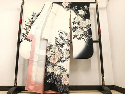 平和屋着物●十日町老舗ブランド　吉澤友禅　吾妻徳穂　振袖　手描き　牡丹　暈し染め　金彩　正絹　逸品　AAAZ4956ph