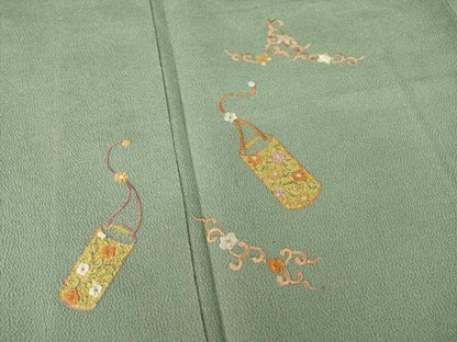 平和屋着物●訪問着 刺繍 花篭文 鬼しぼ縮緬 正絹 逸品 AAAZ4978ck
