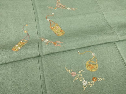 平和屋着物●訪問着 刺繍 花篭文 鬼しぼ縮緬 正絹 逸品 AAAZ4978ck
