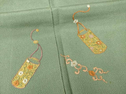 平和屋着物●訪問着 刺繍 花篭文 鬼しぼ縮緬 正絹 逸品 AAAZ4978ck