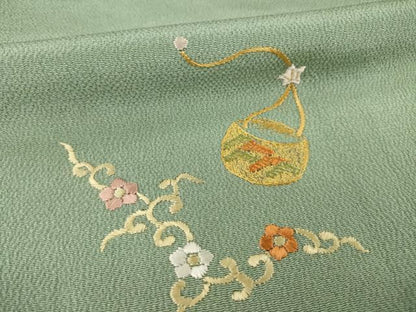 平和屋着物●訪問着 刺繍 花篭文 鬼しぼ縮緬 正絹 逸品 AAAZ4978ck