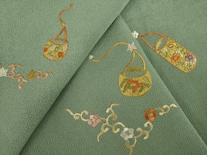 平和屋着物●訪問着 刺繍 花篭文 鬼しぼ縮緬 正絹 逸品 AAAZ4978ck