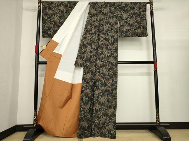 平和屋着物●本場大島紬 一元7マルキ 風景文 黒地 正絹 逸品 AAAZ4983ck