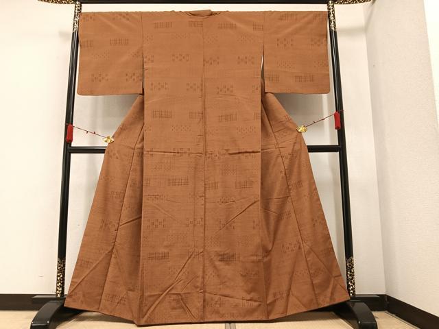 平和屋着物●上質な紬　絣文様　胡桃色　正絹　逸品　AAAZ5056ph
