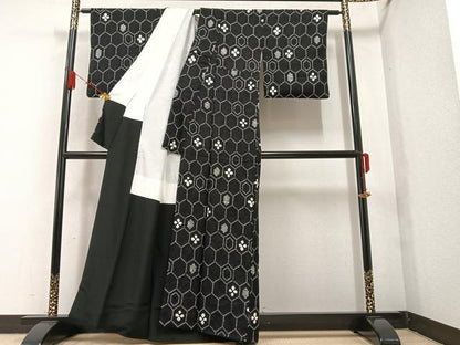 平和屋着物●上質な小紋 亀甲花文 黒地 正絹 逸品 AAAZ5086ph