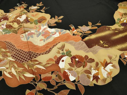 平和屋着物■豪華黒留袖　駒刺繍　道長草花文　金彩　正絹　逸品　AAAZ5677nf