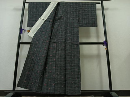 平和屋着物▽上質な紬 単衣 横段文 正絹 逸品 AAAZ5687jh