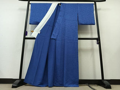 平和屋着物▽上質な色無地　単衣　麻の葉地紋　紺桔梗色　正絹　逸品　AAAZ5689jh