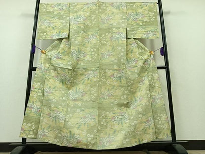 平和屋着物▽上質な紬　単衣　草花文　正絹　逸品　AAAZ5694jh