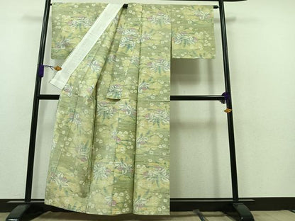 平和屋着物▽上質な紬　単衣　草花文　正絹　逸品　AAAZ5694jh