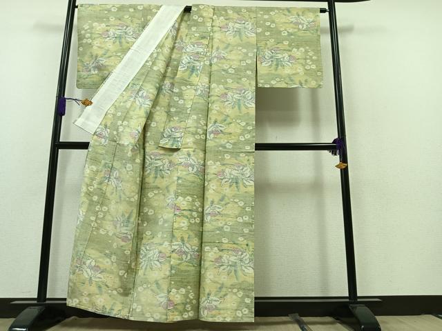 平和屋着物▽上質な紬　単衣　草花文　正絹　逸品　AAAZ5694jh