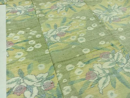 平和屋着物▽上質な紬　単衣　草花文　正絹　逸品　AAAZ5694jh