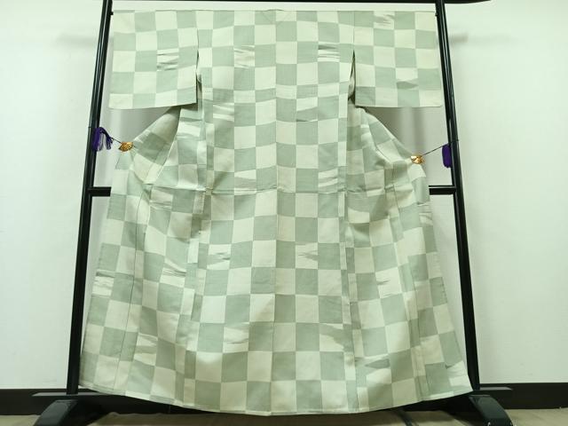 平和屋着物▽お召　単衣　市松文様　正絹　逸品　AAAZ5701jh
