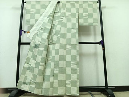 平和屋着物▽お召　単衣　市松文様　正絹　逸品　AAAZ5701jh