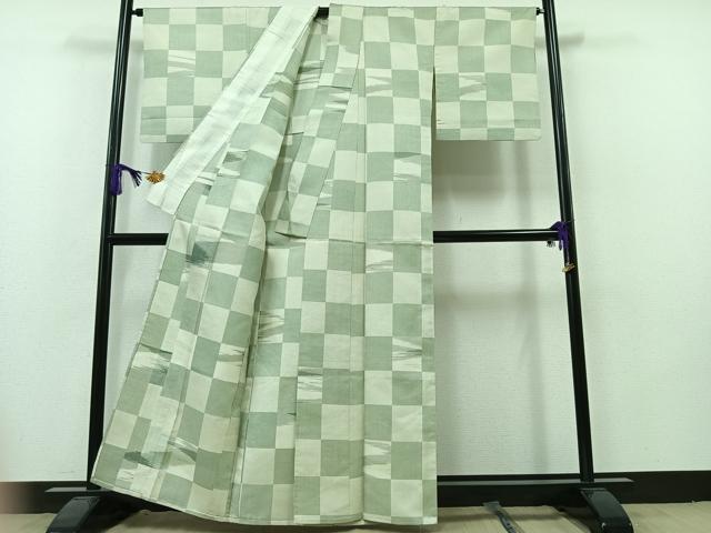 平和屋着物▽お召　単衣　市松文様　正絹　逸品　AAAZ5701jh