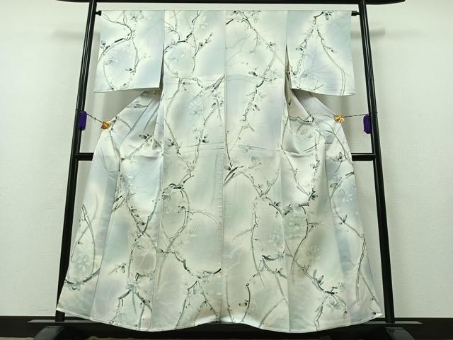 平和屋着物▽上質な小紋 単衣 手描き 枝花文 暈し染め 正絹 逸品 AAAZ5705jh