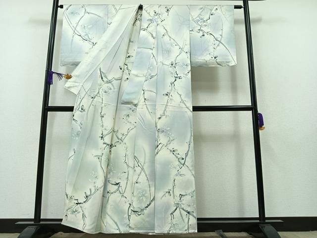 平和屋着物▽上質な小紋 単衣 手描き 枝花文 暈し染め 正絹 逸品 AAAZ5705jh