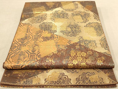 平和屋着物◎西陣 服部織物謹製 六通柄袋帯 切嵌花文 こはく錦 金糸 正絹 逸品 AAAZ5748dt
