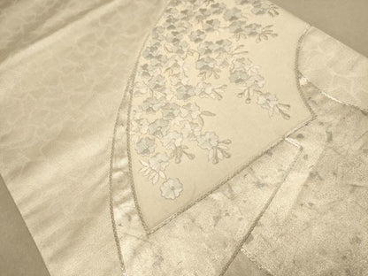 平和屋着物◎太鼓柄袋帯　駒刺繍　地紙草花文　銀糸　正絹　逸品　AAAZ5767dt