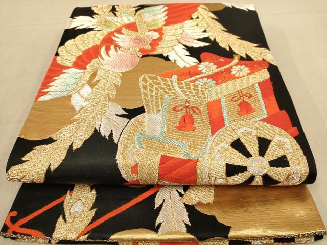 平和屋着物◎六通柄袋帯 御所車鳳凰文 黒地 金糸 正絹 逸品 AAAZ5808dt