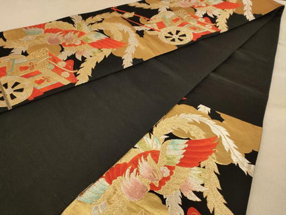 平和屋着物◎六通柄袋帯 御所車鳳凰文 黒地 金糸 正絹 逸品 AAAZ5808dt