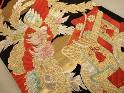 平和屋着物◎六通柄袋帯 御所車鳳凰文 黒地 金糸 正絹 逸品 AAAZ5808dt