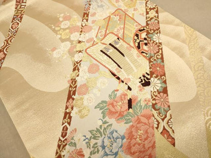 平和屋着物◎六通柄袋帯　駒刺繍　慶長御所絵巻　金糸　正絹　逸品　AAAZ5815dt