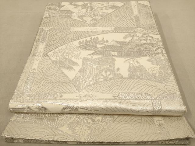 平和屋着物◎六通柄袋帯 人物風景文 銀糸 正絹 逸品 AAAZ5821dt